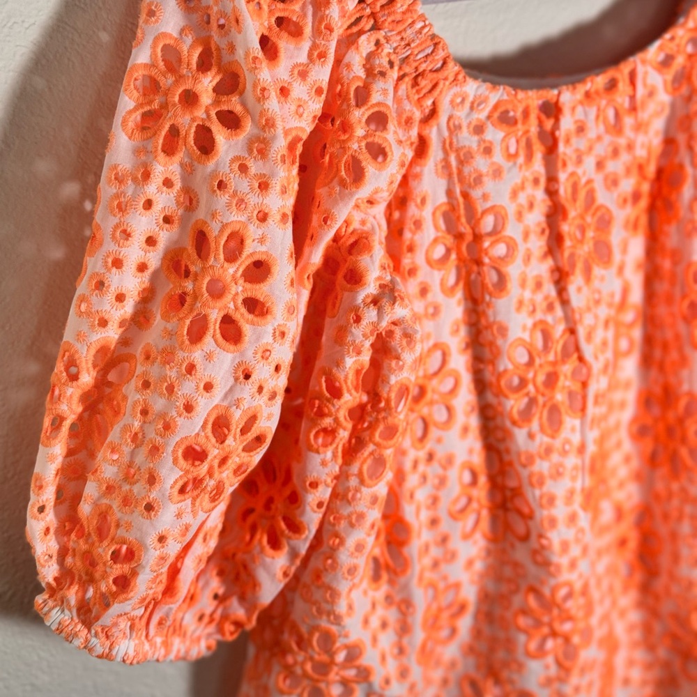 Lilly Pulitzer Kerrigan Elbow Sleeve Top Cantaloupe Funflower Eyelet - Picture 10 of 11